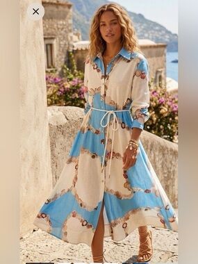 Caroline Constas  Blue White Nautical Maxi Dress Shell Print button NWT S FINAL